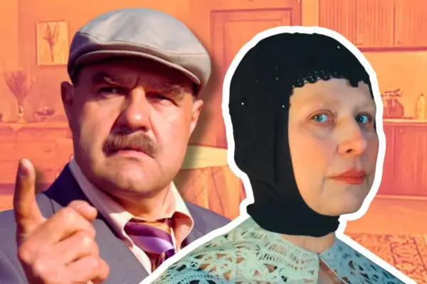Adam i Ewa serial: mężczyzna w czapce z daszkiem grozi palcem, obok kobieta w czarnej chuście i koronkowej narzutce.